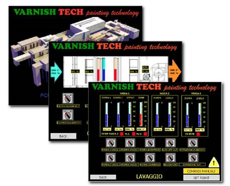 Schermate del software PPMan: vista di insieme dell'impianto, dettaglio delle ricette ed accesso ai parametri di ciclo. I dati sono di immediata consultazione, l'operatore può effettuare facilmente controlli o variazioni.
